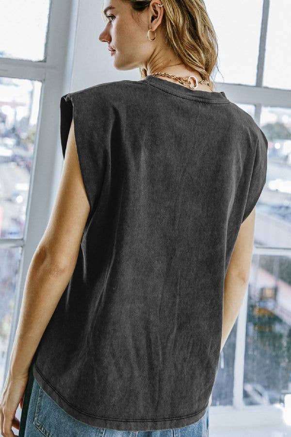 Sleeveless Washed Top With Rhinestones