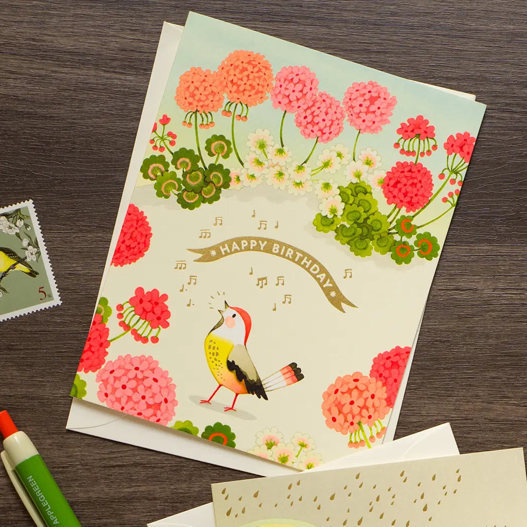 Geranium and Bird Birthday Greeting Card