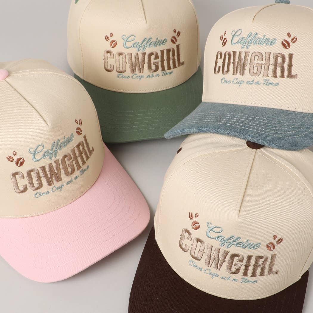 Caffeine Cowgirl One Cup At A Time Lettering Embroidery Cap