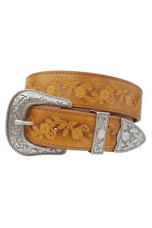 Silver Western Buckle Set Vintage Hand Painted Tooled Belt