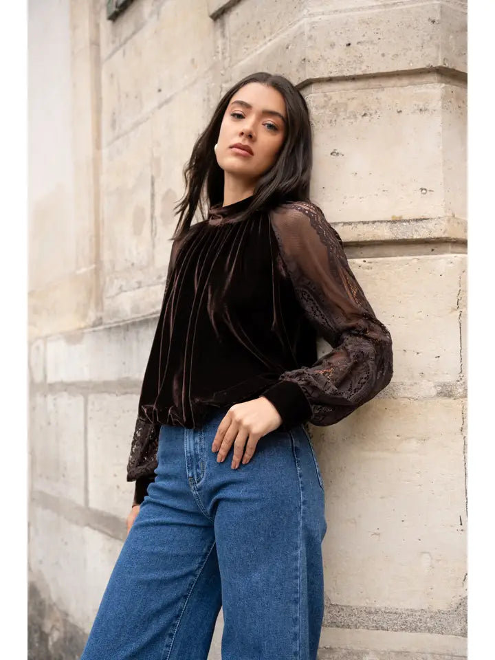 Two-Material Velvet Blouse