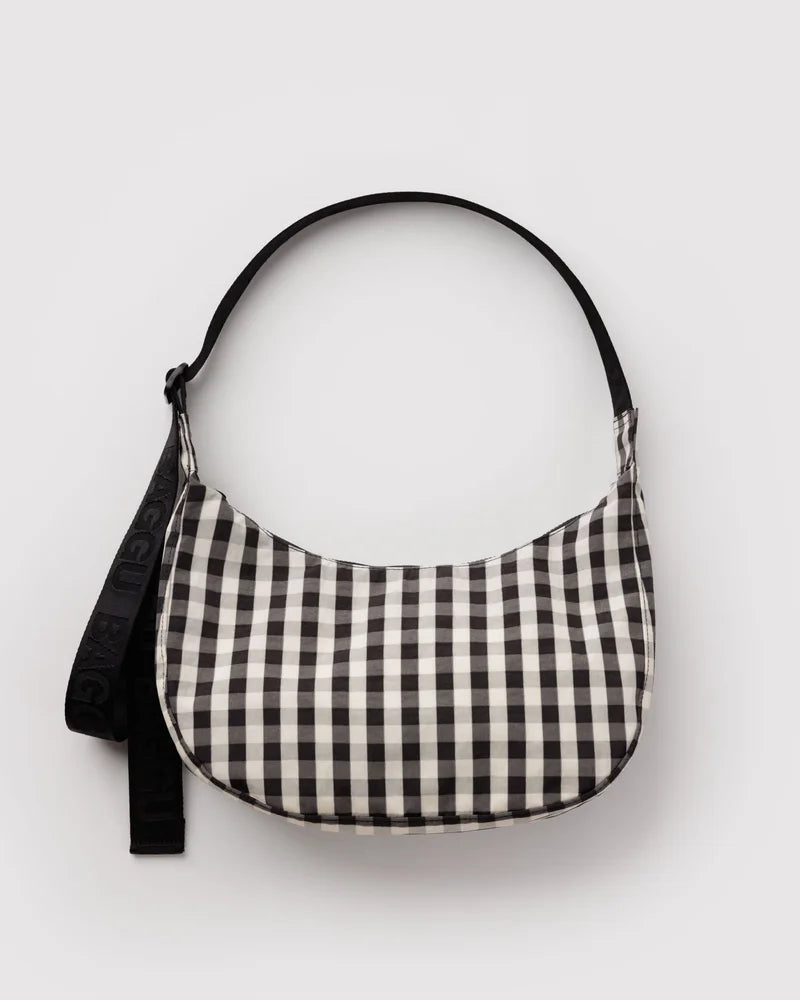Medium Nylon Crescent Bag - Black and Cream Gingham