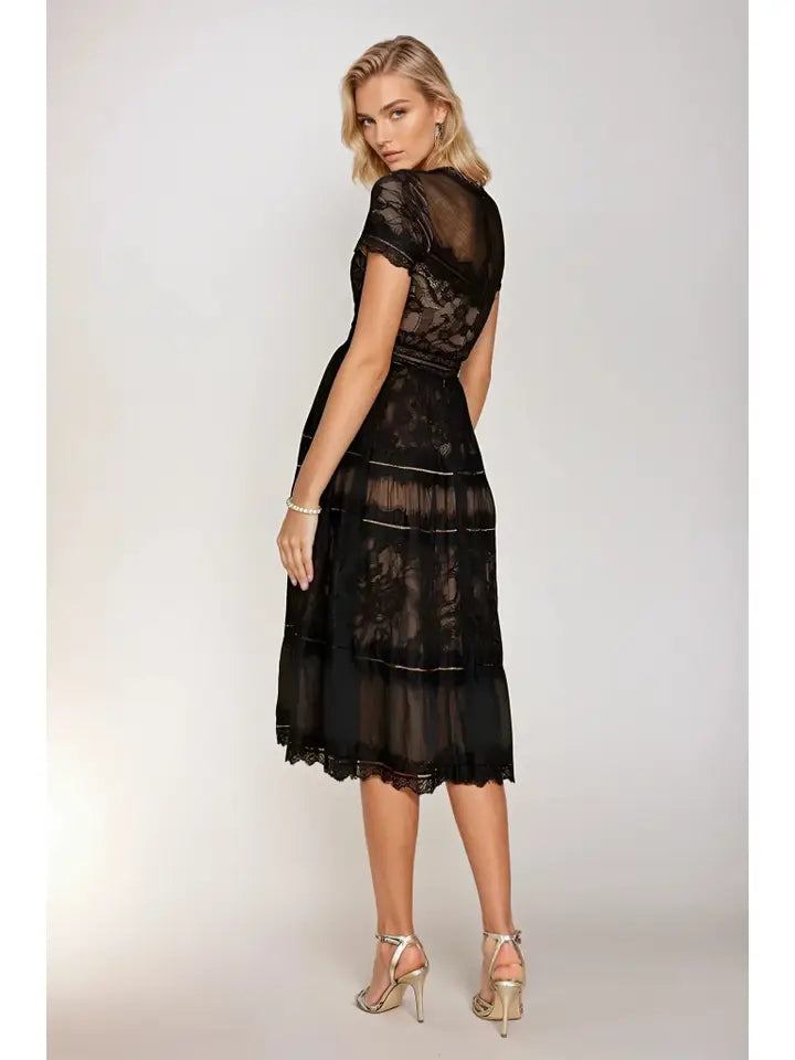 Black Midi Lace Short Sleeve Cocktail Dress