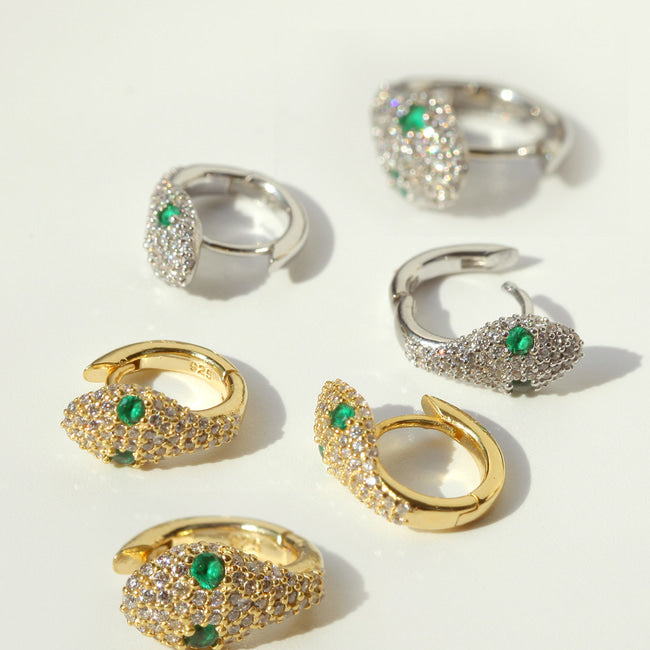 Green Eyed Snake Huggie Hoop Earrings