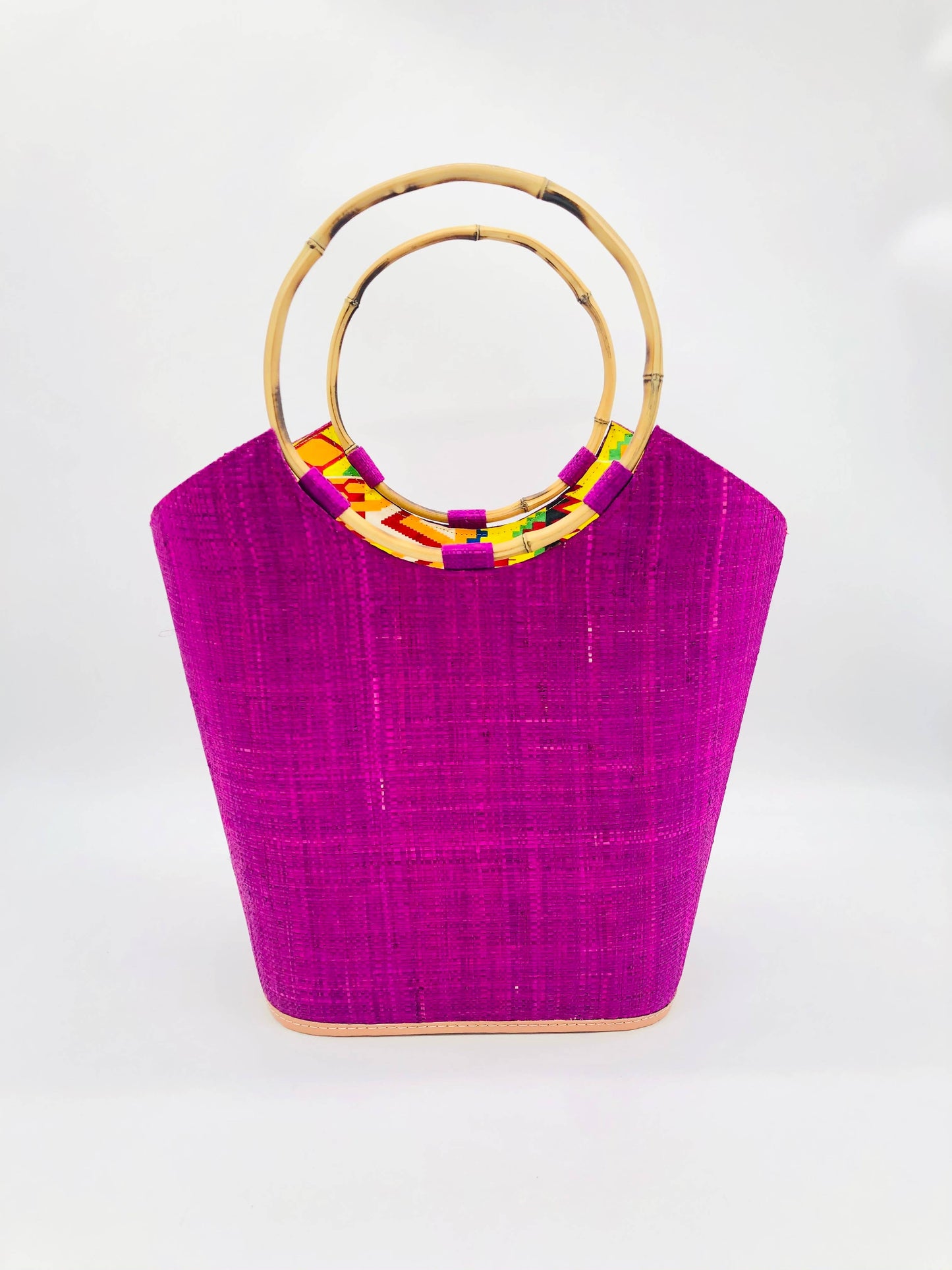 Carmen Solid & Stripes Straw Bucket Bag with Bamboo Handles