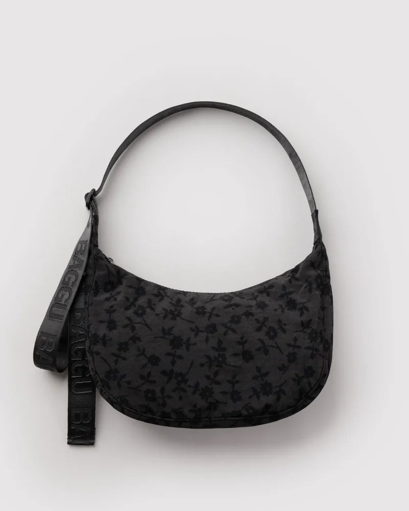Medium Nylon Crescent Bag - Charcoal Ditsy Floral
