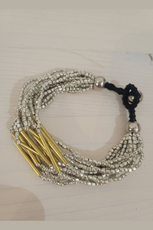 Anjuna Bracelet -Silver beads golden tube