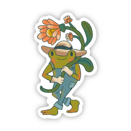 Frog in Overalls Hugging Flowers Sticker
