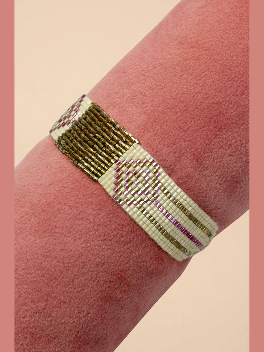 Beaded Bracelet Medium - Pink Diamonds & Gold Bar