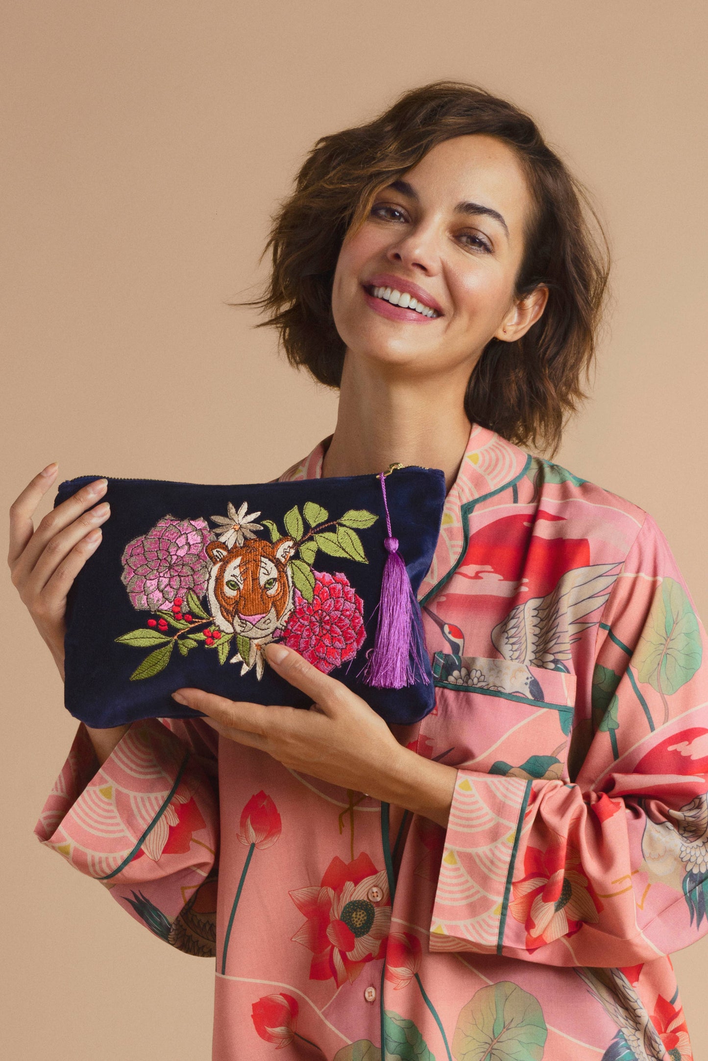 Velvet Zip Pouch | Floral Tiger Face