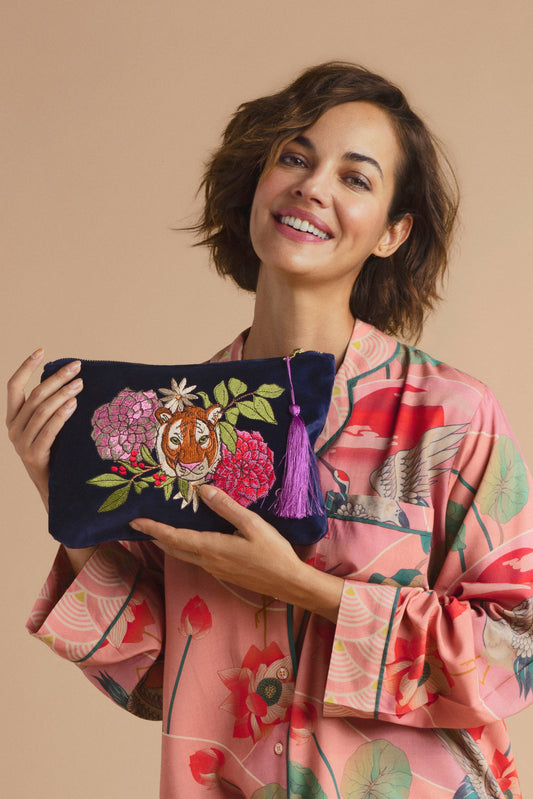Velvet Zip Pouch | Floral Tiger Face