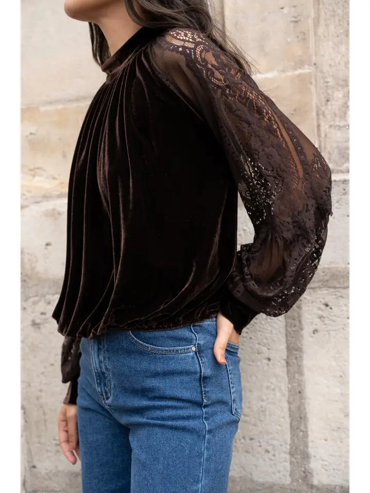 Two-Material Velvet Blouse