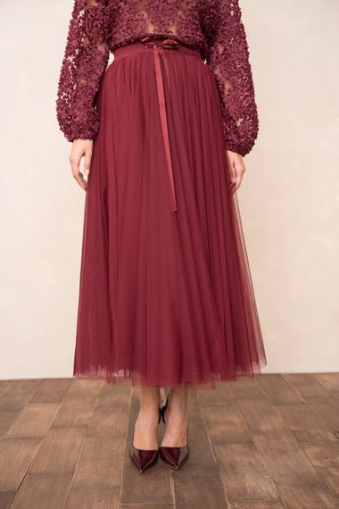 Aria Long Tulle Skirt- Bordeaux