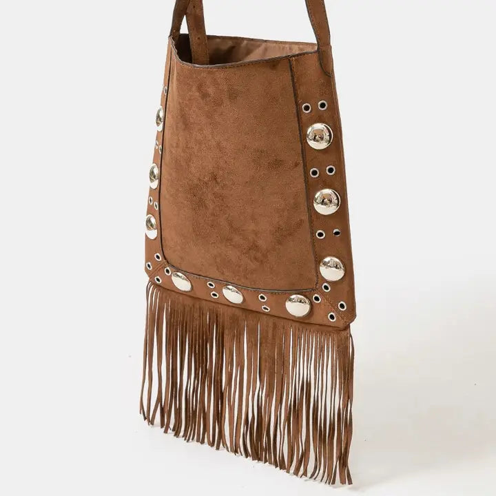 Suede Grommet Accent Fringe Tote Bag