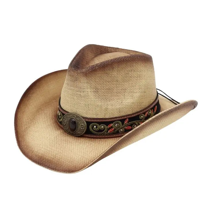 Western Embroidered Strap Washed Straw Cowboy Hat