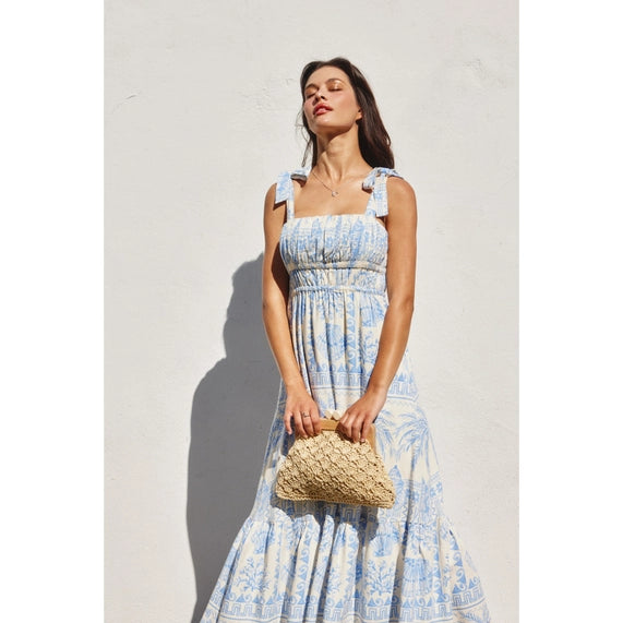 Seascape Shirred Fit and Flare Midi Dress