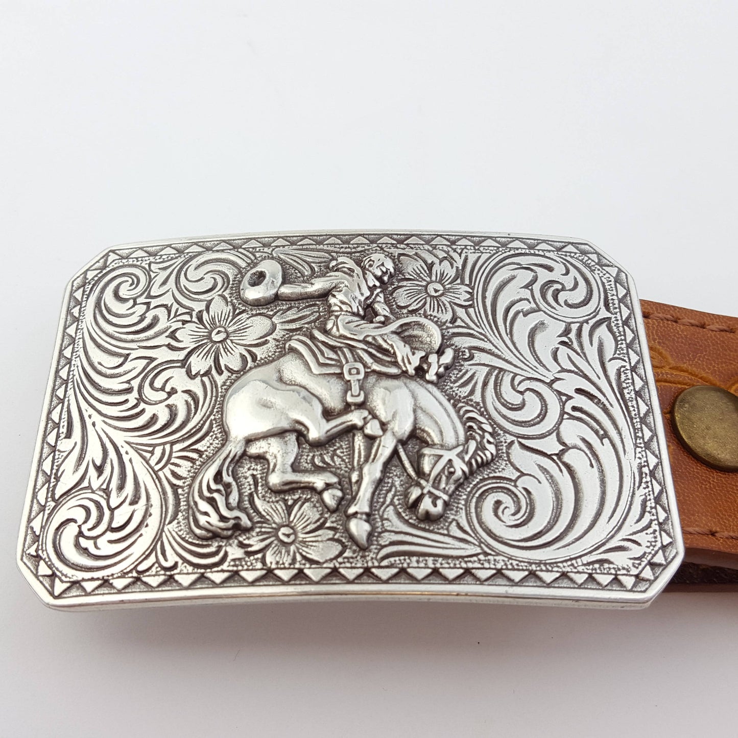 Vintage Floral Tooled Belt with Silver Rodeo Buckle