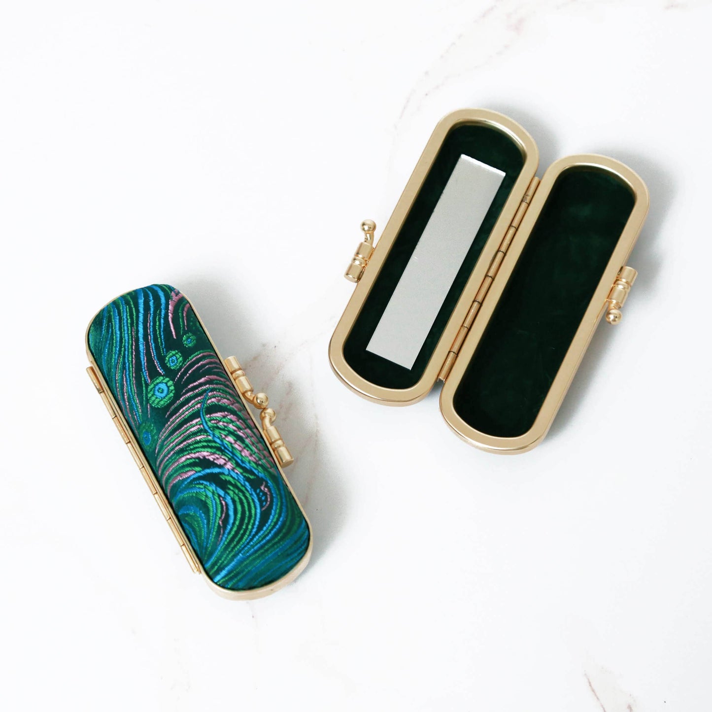 Peacock Pattern Brocade  Lipstick Case / Holder
with Mirror