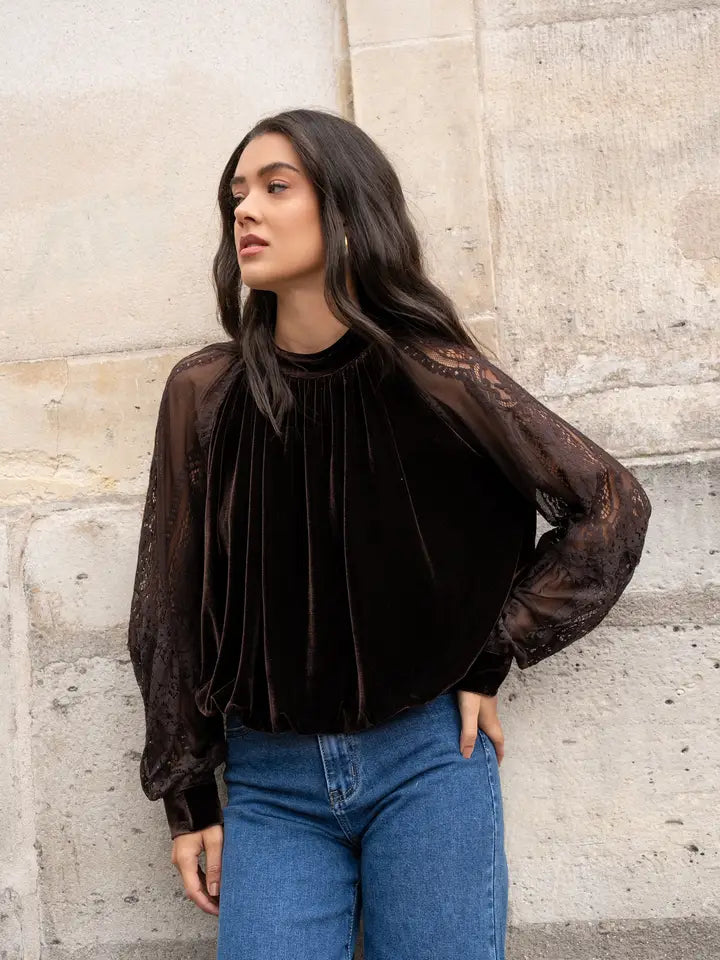 Two-Material Velvet Blouse