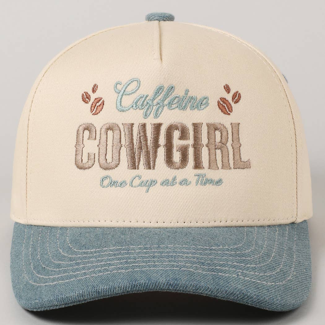 Caffeine Cowgirl One Cup At A Time Lettering Embroidery Cap