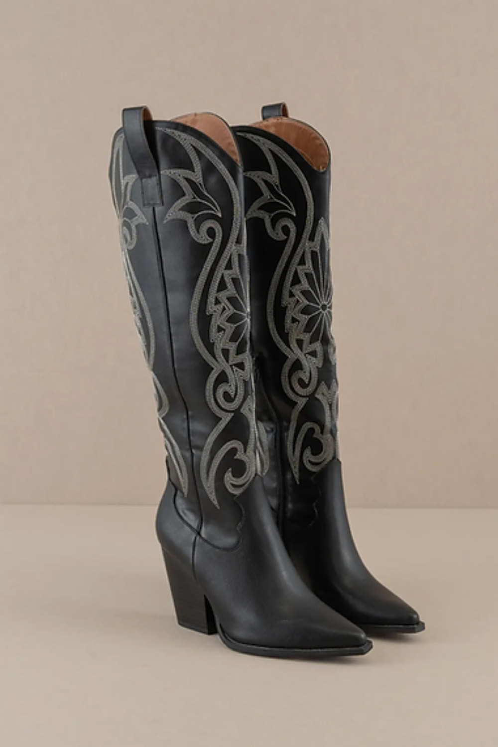 THE ASTRID Knee High Embroidered Cowboy Boots Black 7