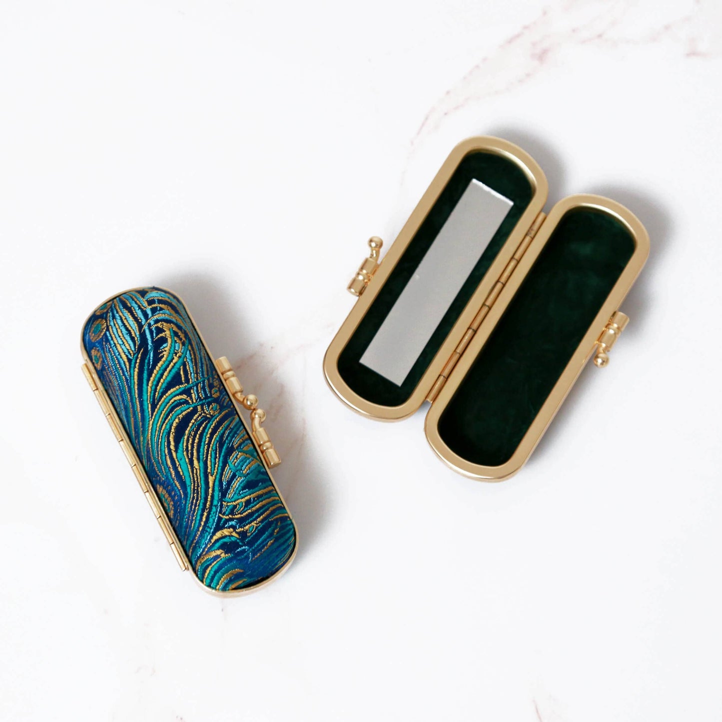 Peacock Pattern Brocade  Lipstick Case / Holder
with Mirror