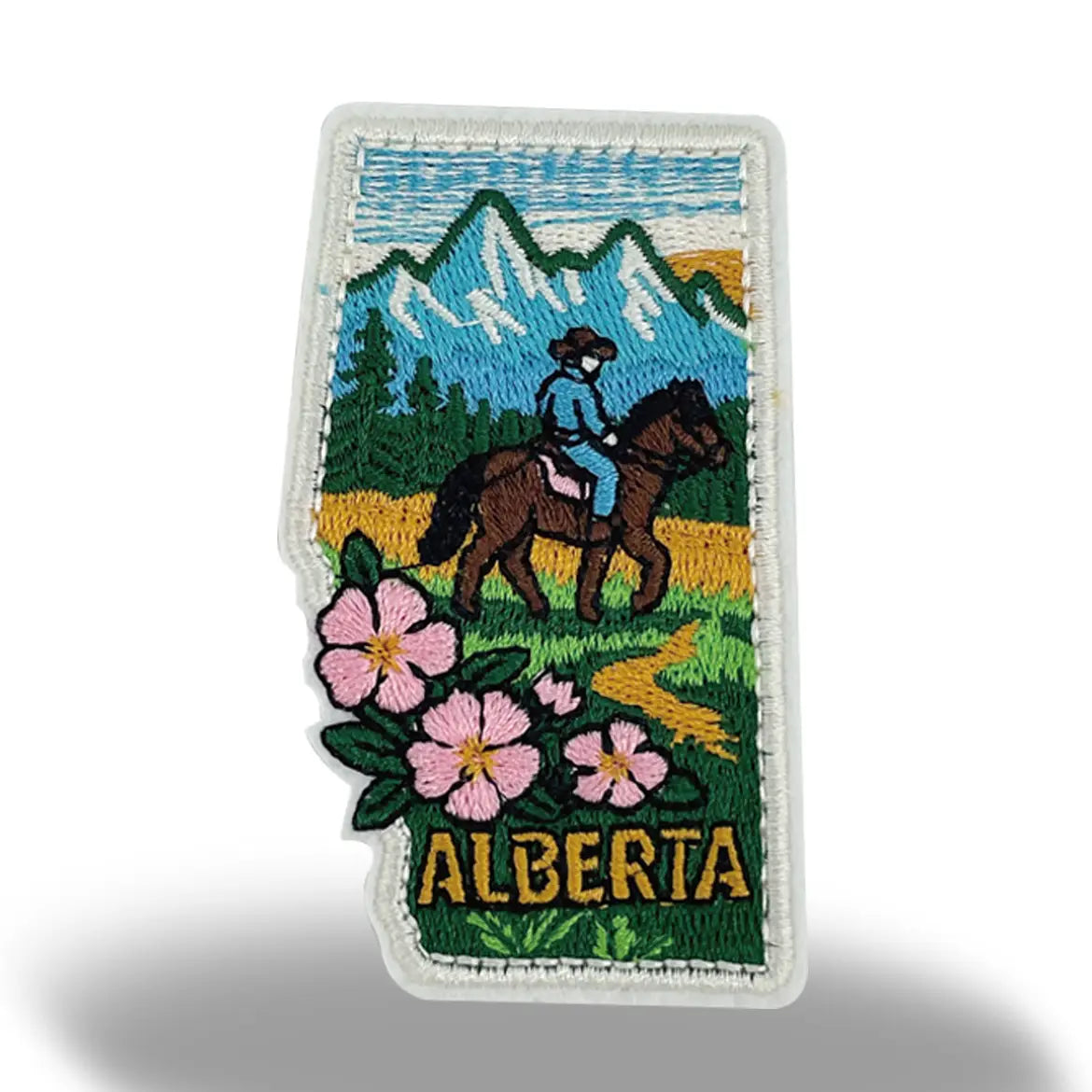 Alberta Horseback Riding Mountain Wild Rose Embroidered Patch Canada Souvenir Badge