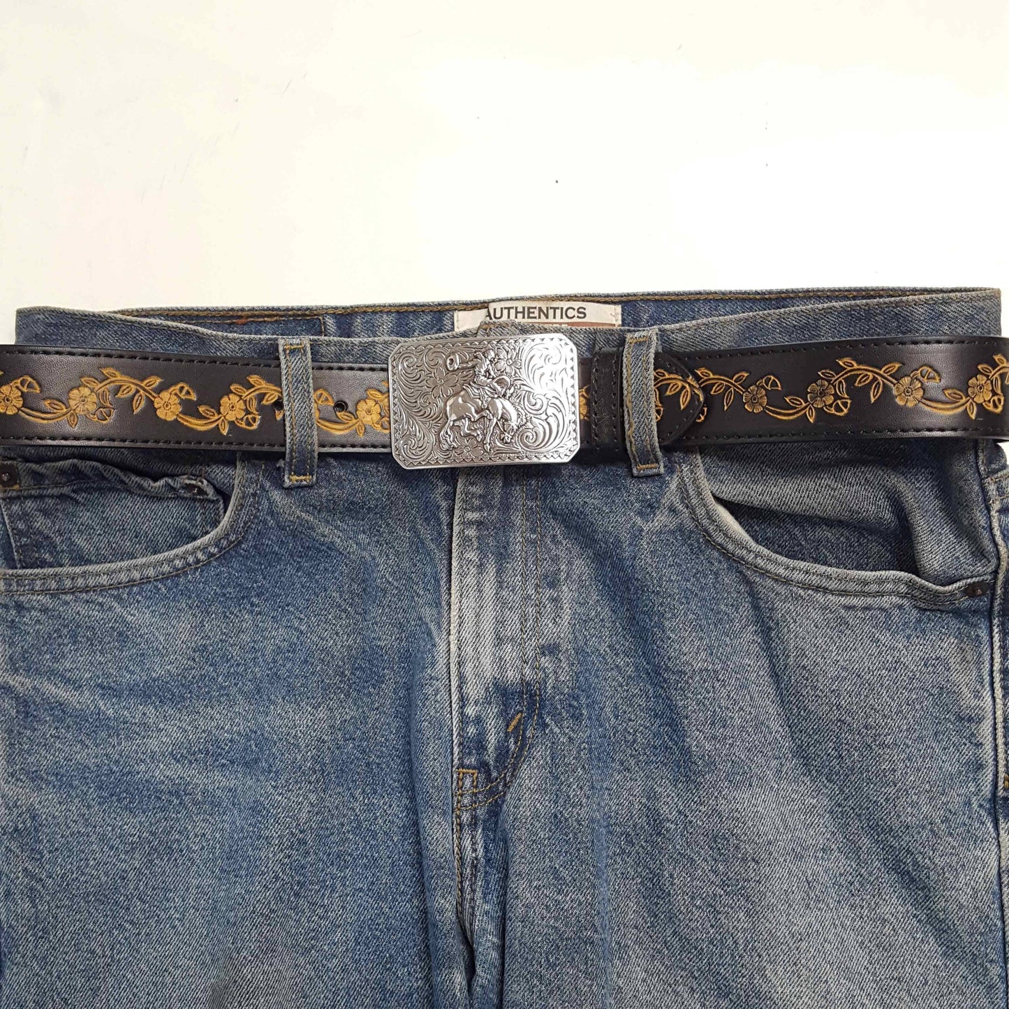 Vintage Floral Tooled Belt with Silver Rodeo Buckle