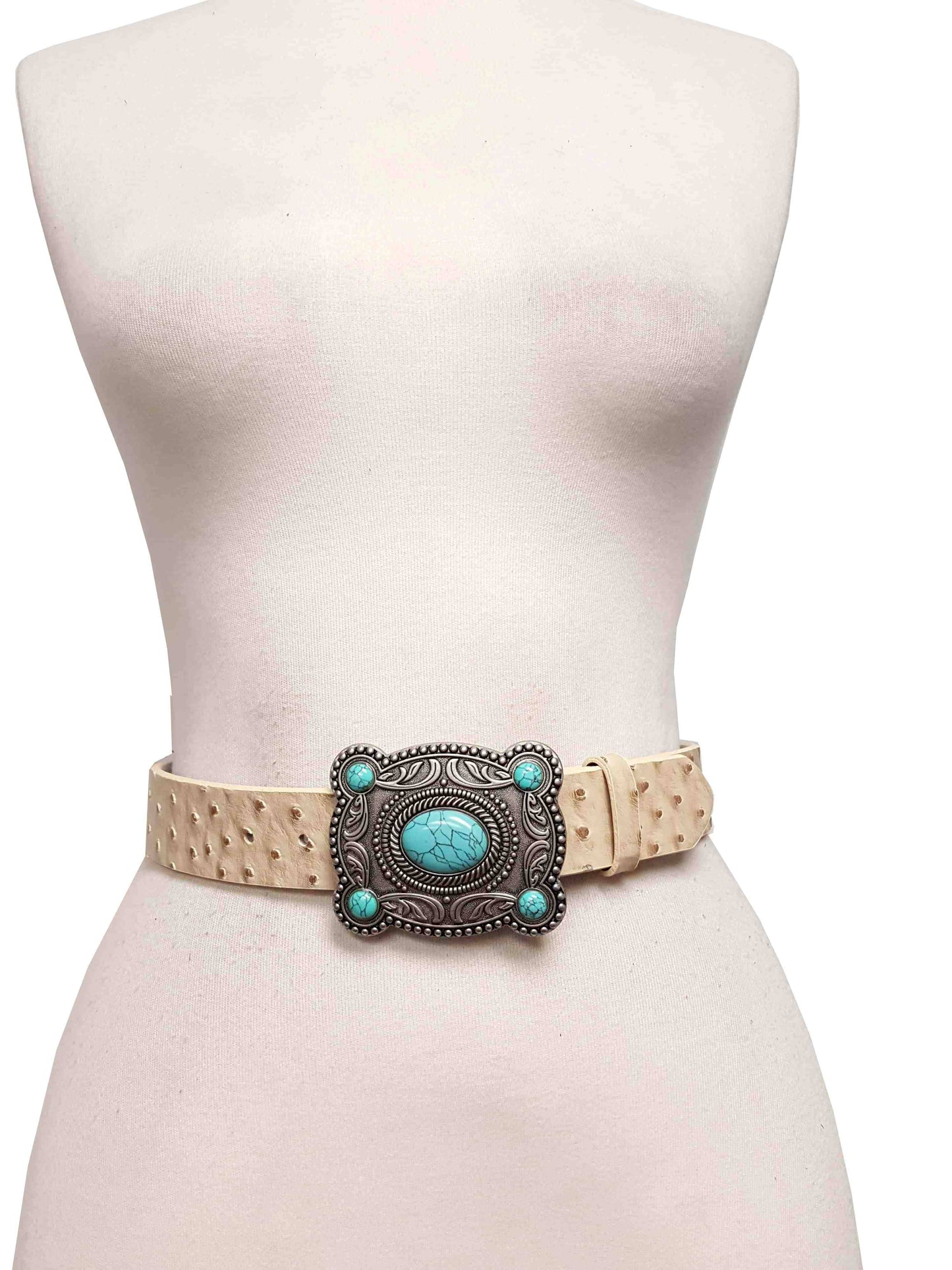 Western Silver Turquoise Buckle w. Ostrich Belt