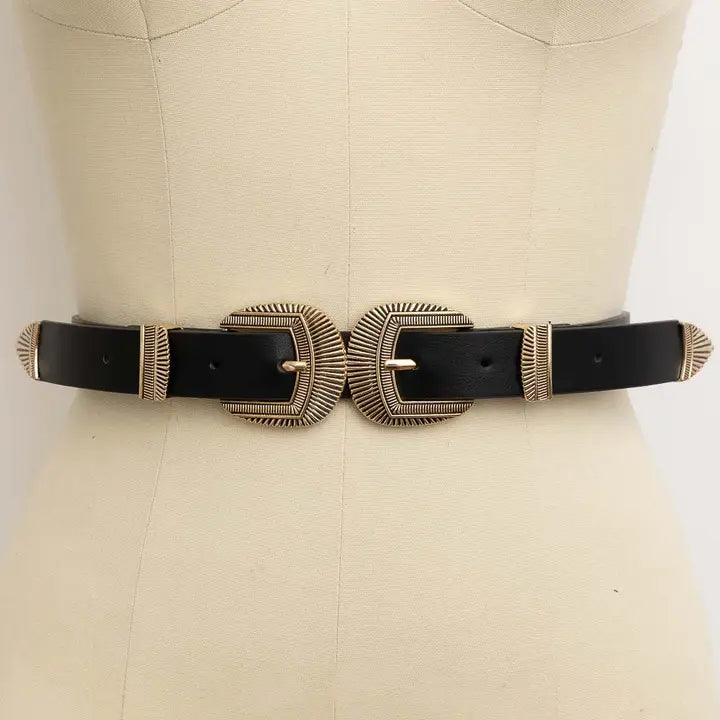 Double Buckle Faux Leather Western Style Belt