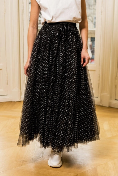 Aria Tulle Plumetis Skirt - Black Polka