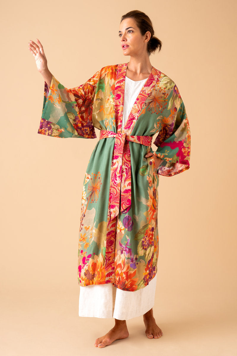 Birds and Blooms Kimono Gown in Sage