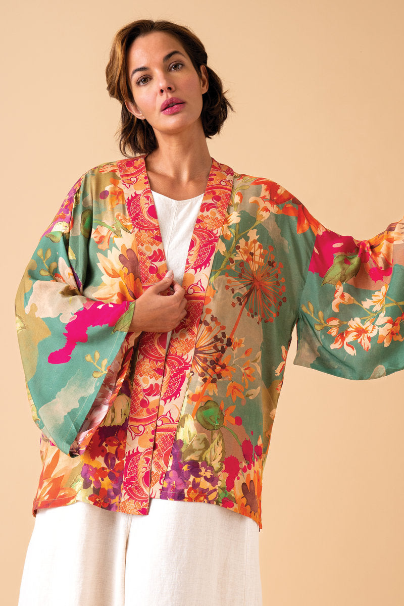 Birds and Blooms Kimono Jacket in Sage