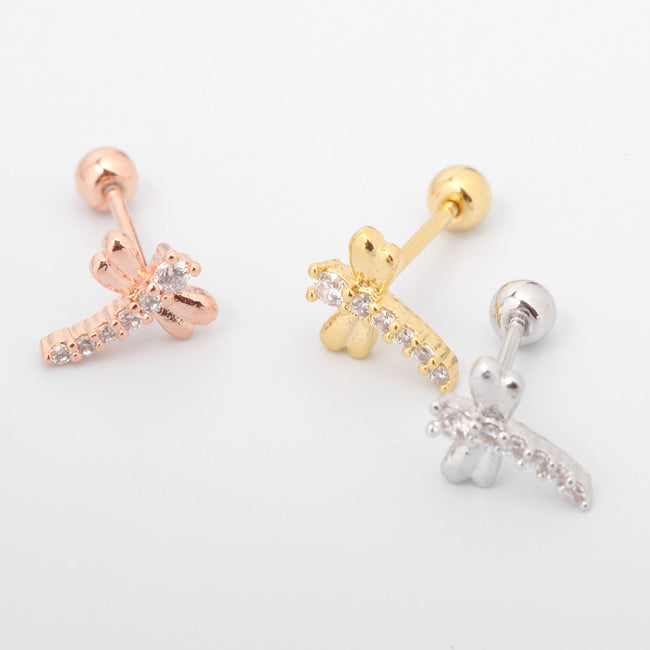 Tiny Crystal Dragonfly Screw Back Earring