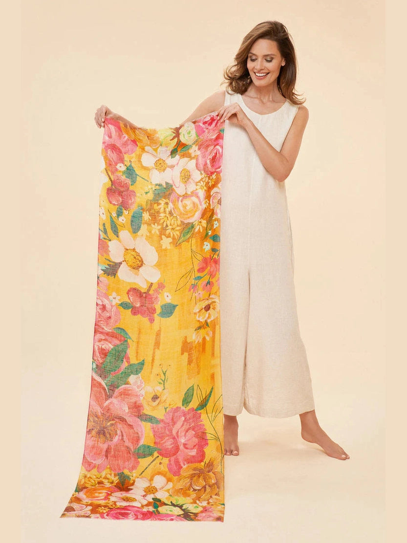 Linen Impressionist Floral Mustard Scarf