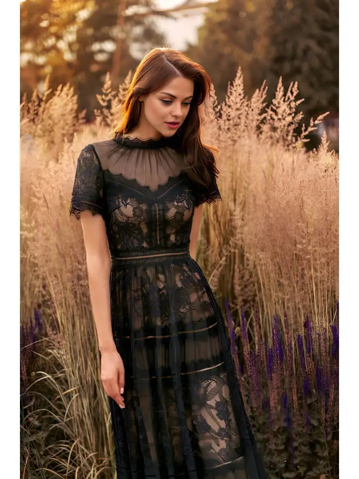 Long Lace Formal Black Evening Dress