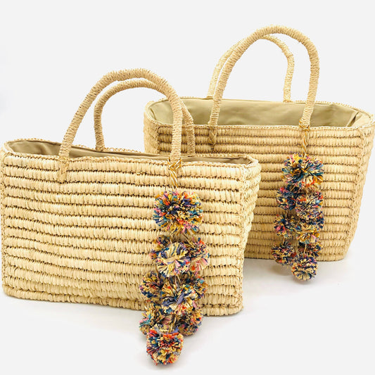 Venice Crochet Straw Basket with Waterfall PomPoms