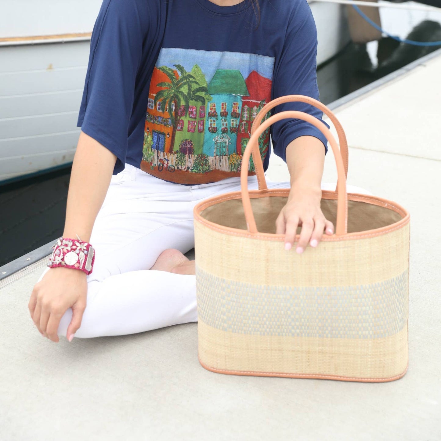 Wynwood Straw Basket Bag Handbag with Metallic Detailing