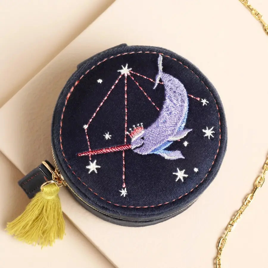 Navy Narwhal Spirit Animal Velvet Round Travel Jewelery Case