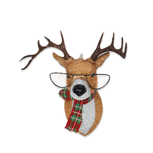 Glittered Reindeer with Glasses Ornament