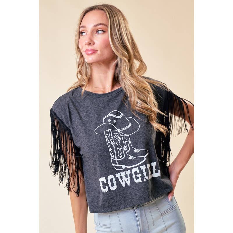 Western Cowgirl Graphic Print Tee Fringe Details