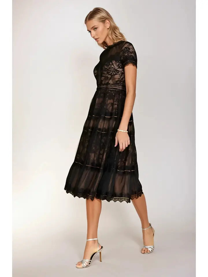 Black Midi Lace Short Sleeve Cocktail Dress