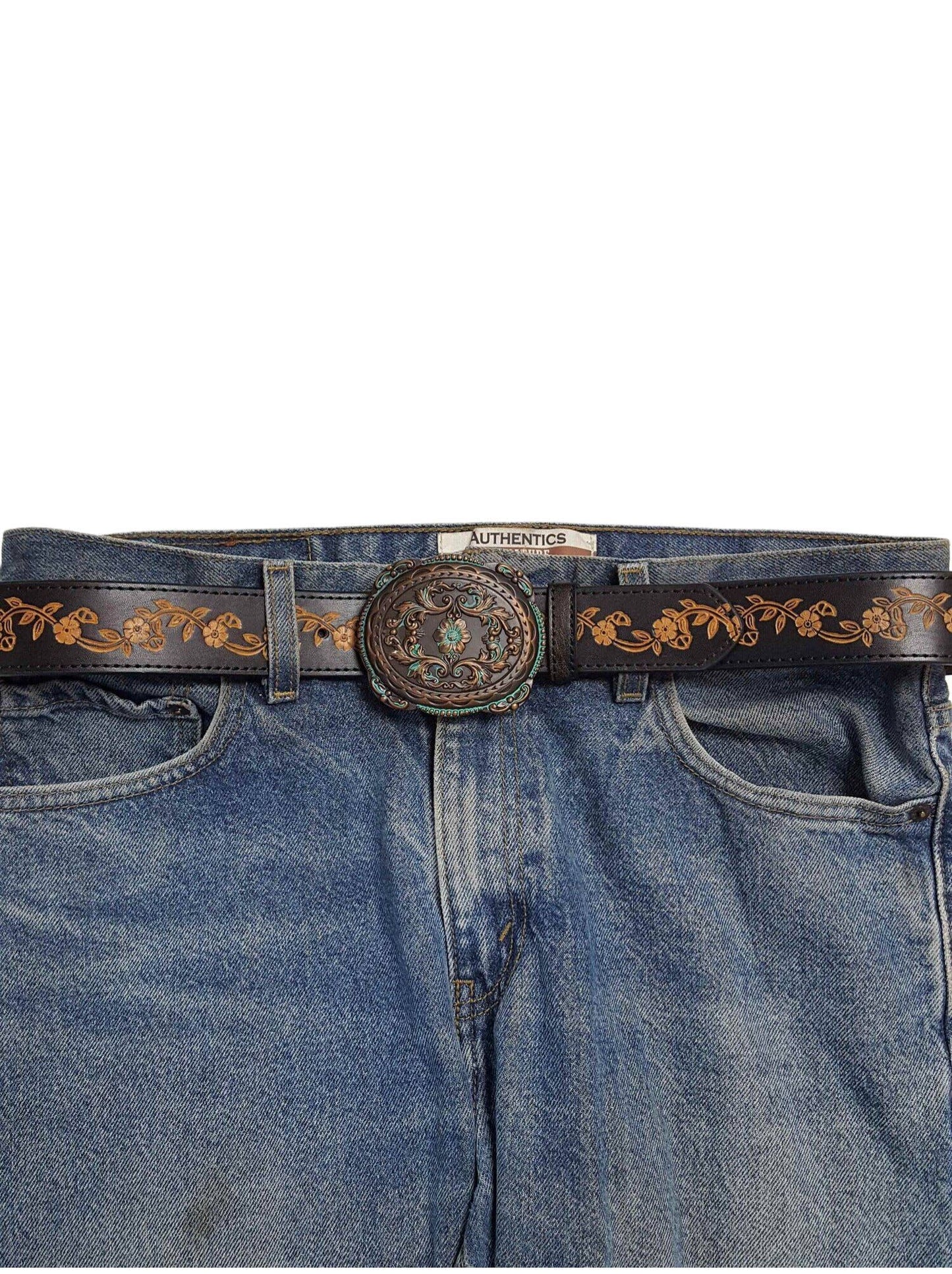 Western Brass/Patina Buckle with Vintage floral tooled belt