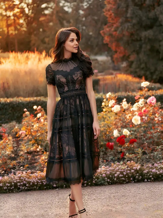 Black Midi Lace Short Sleeve Cocktail Dress