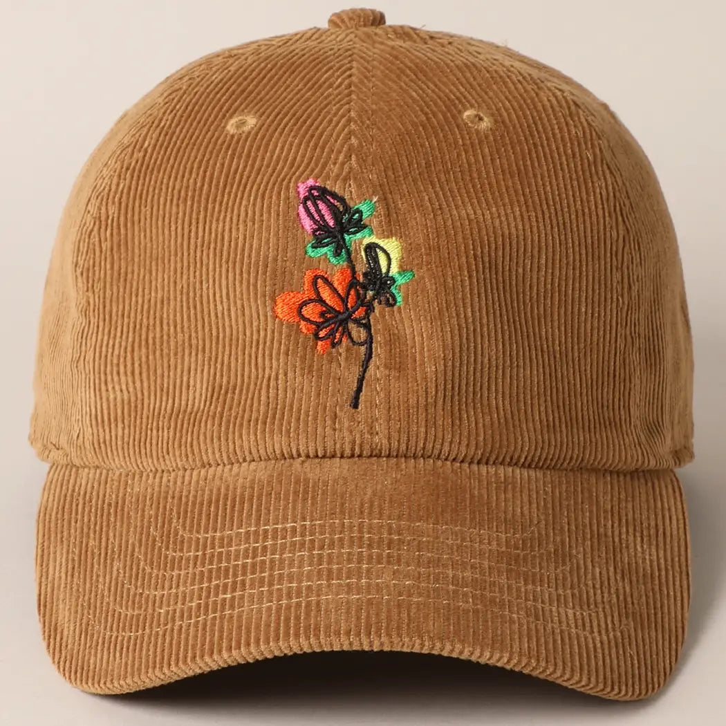 Watercolor Flower Embroidered Corduroy Baseball Cap