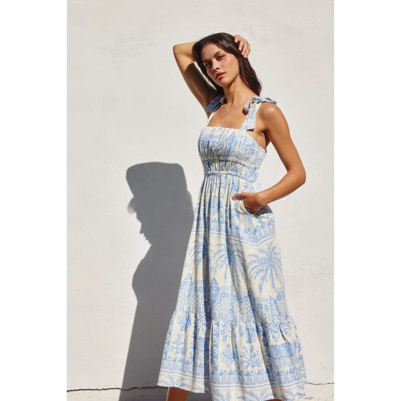 Seascape Shirred Fit and Flare Midi Dress