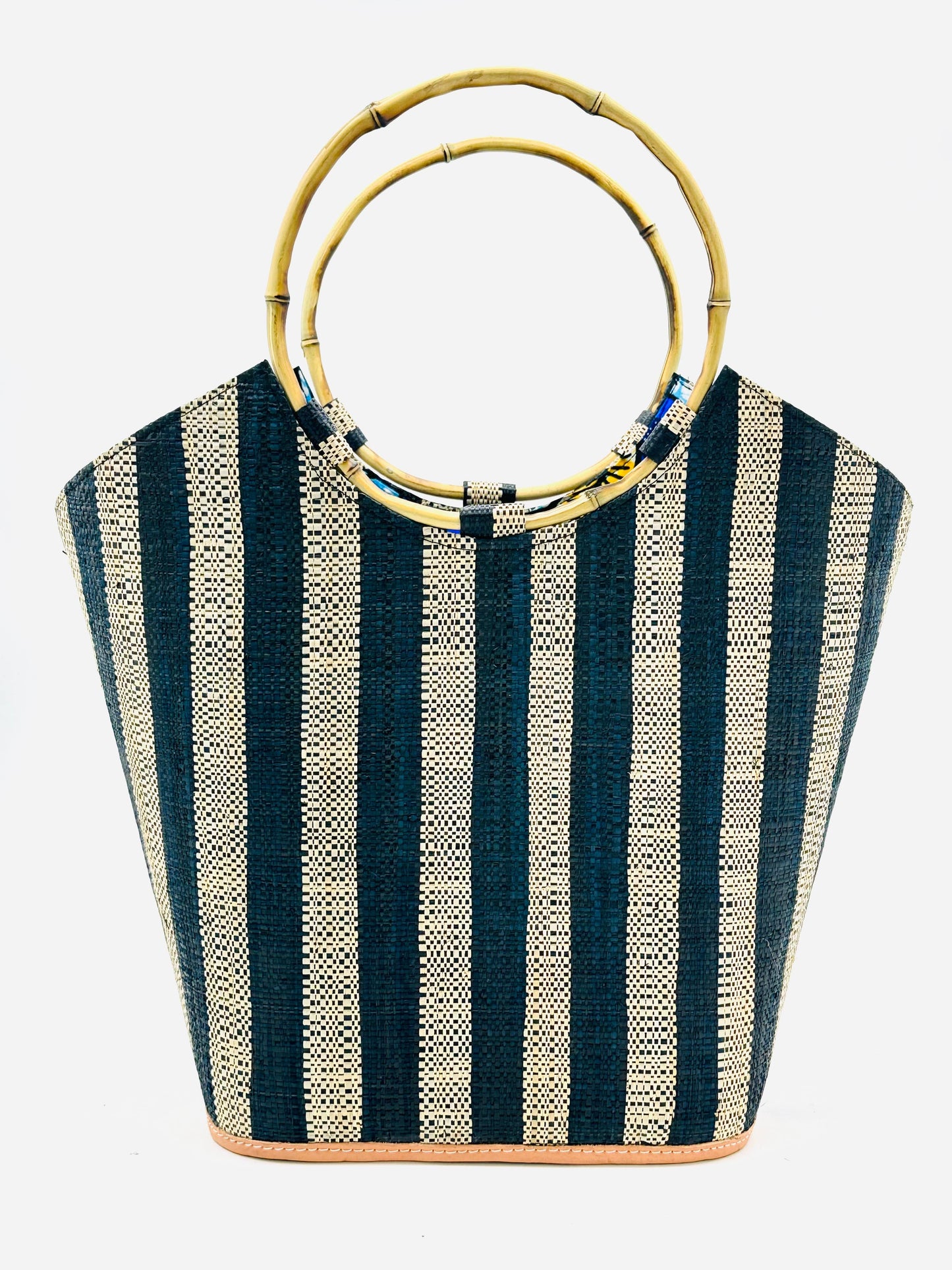 Carmen Solid & Stripes Straw Bucket Bag with Bamboo Handles