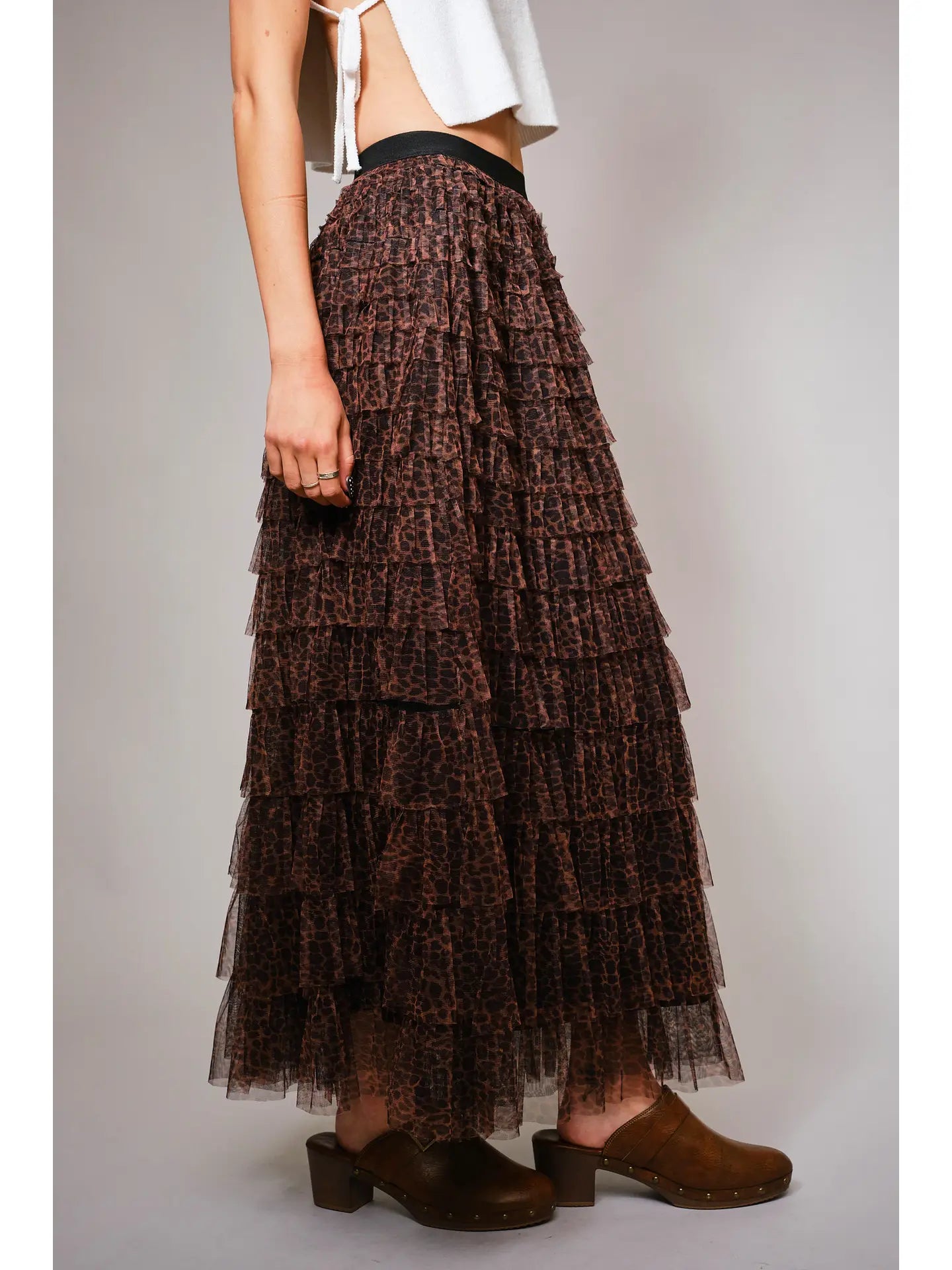 High Waist Elastic Tiered Ruffle A-Line Maxi Skirt