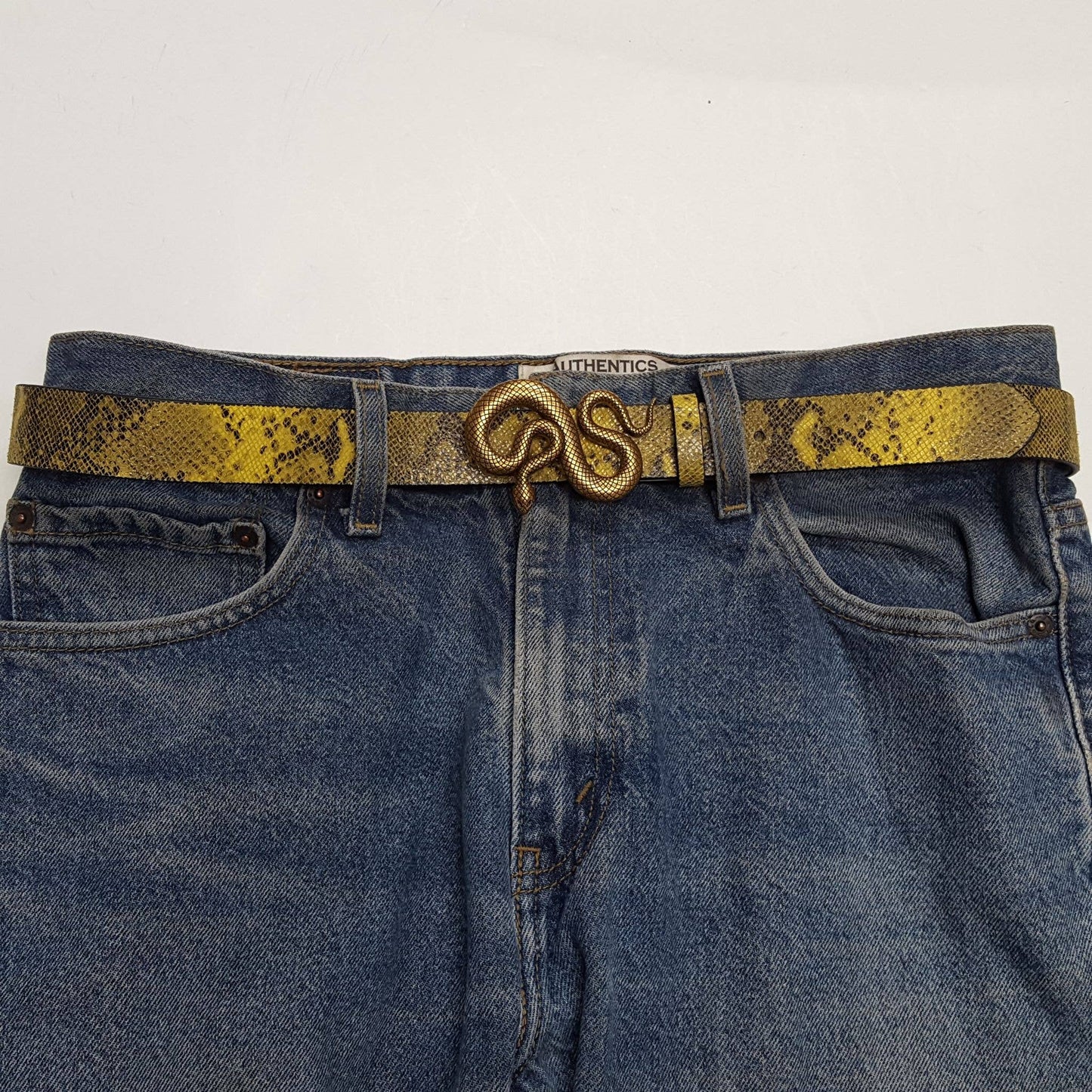 Snake Printed Leather Belt With Snake Buckle