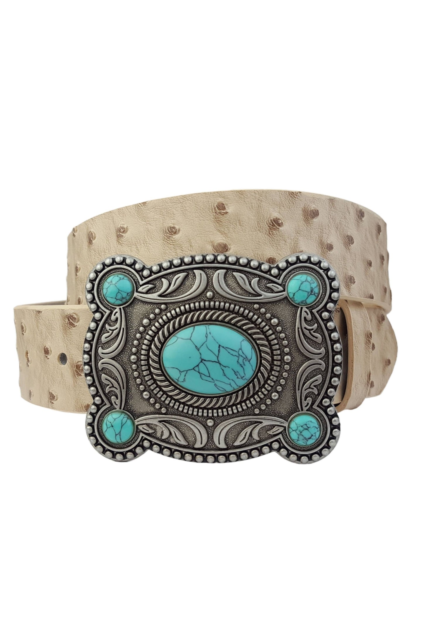Western Silver Turquoise Buckle w. Ostrich Belt